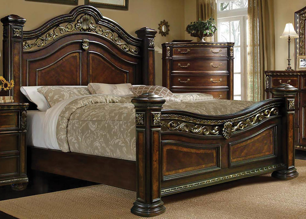 McFerran Home Furnishing B163 Queen Poster Bed in Antique Brass Cherry
