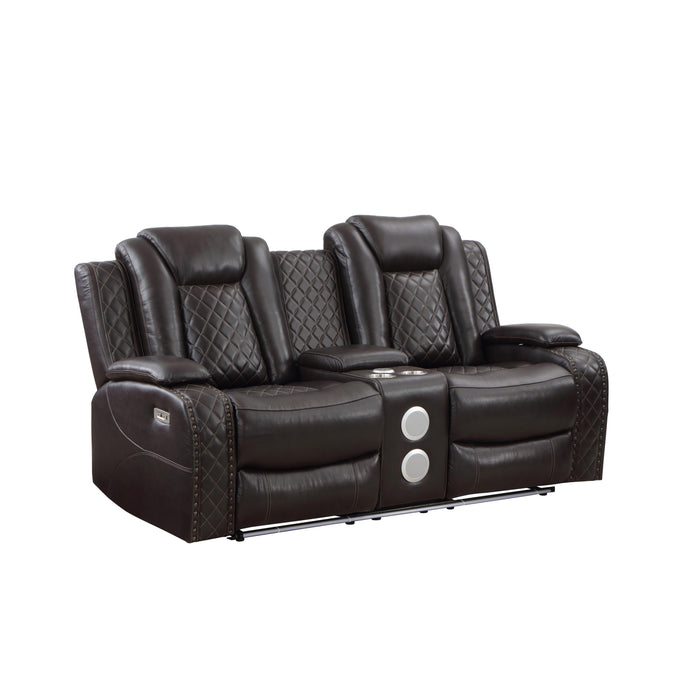 JOSHUA LEATHER CONSOLE LOVESEAT W/ PWR FR & HR-DK BROWN