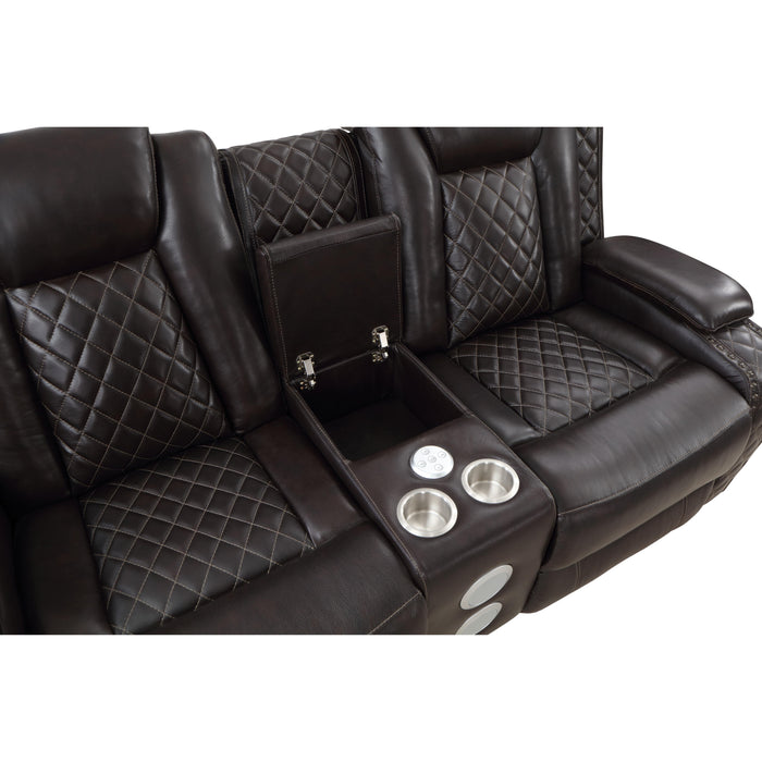 JOSHUA LEATHER CONSOLE LOVESEAT W/ PWR FR & HR-DK BROWN